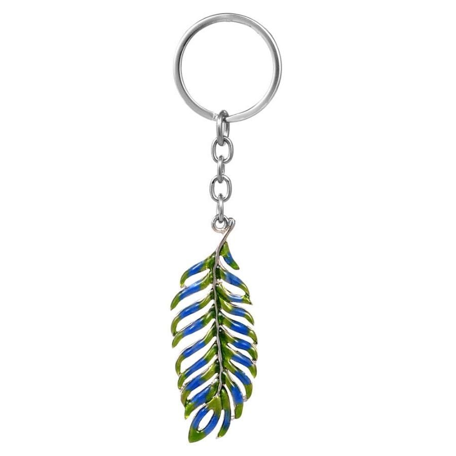 a unique silver plated keychain of blue and green color resembling a peacock's feather