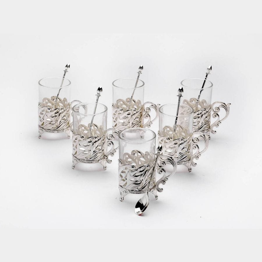 a set of 6 silver plated mugs with peacock designs on handle and spoons