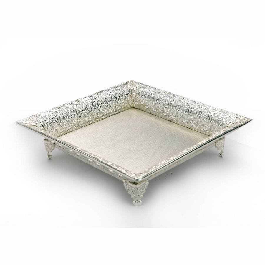 a square shaped intricate pattern silver tray