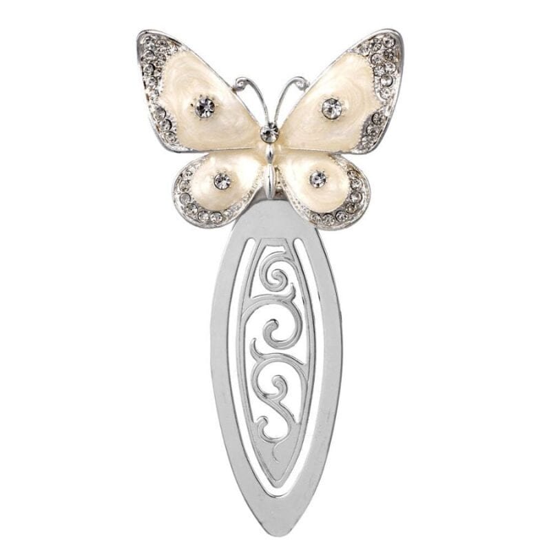 a beautiful silver bookmark with an enameled butterfly, studded with crystals