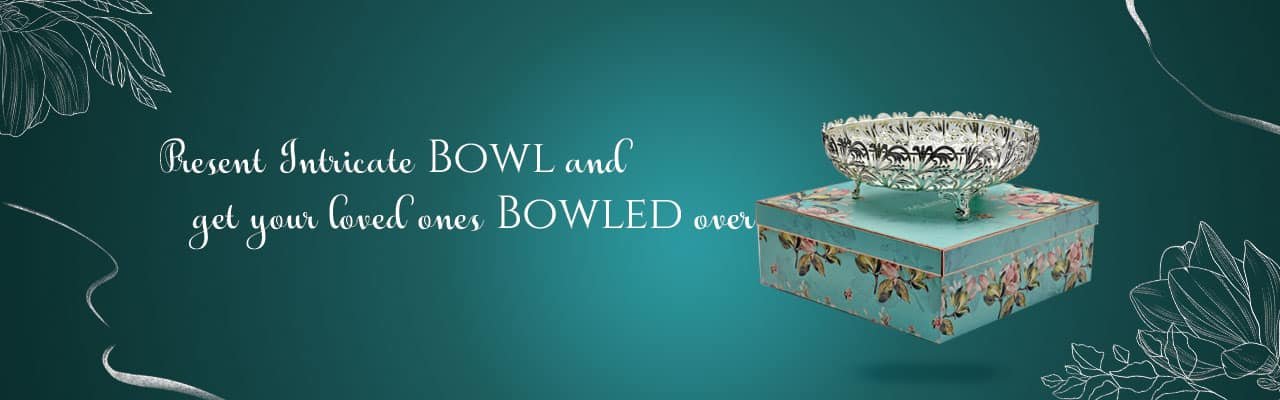 a blue colored banner with our elegant bowl placed on a gift box saying - present intricate bowl and get your loved ones bowled over