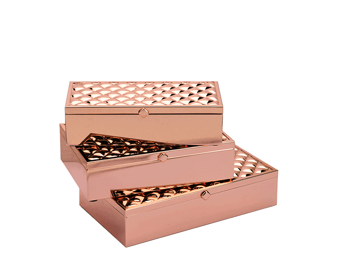 a set of three rose gold boxes coming with a unique weave design on the top