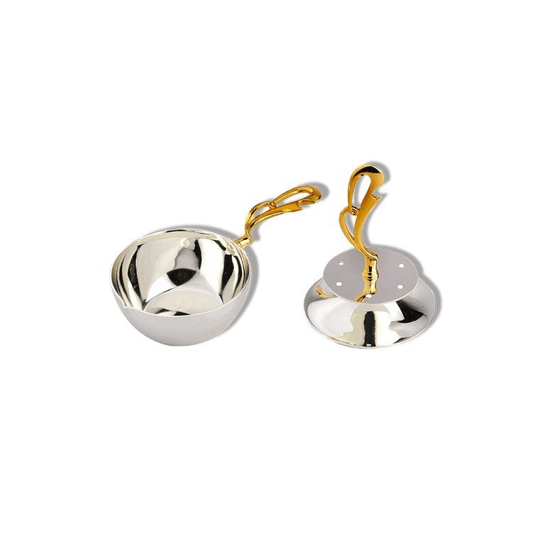 a set of one silver plated diya and agarbatti stand coming with an "om" shaped handle