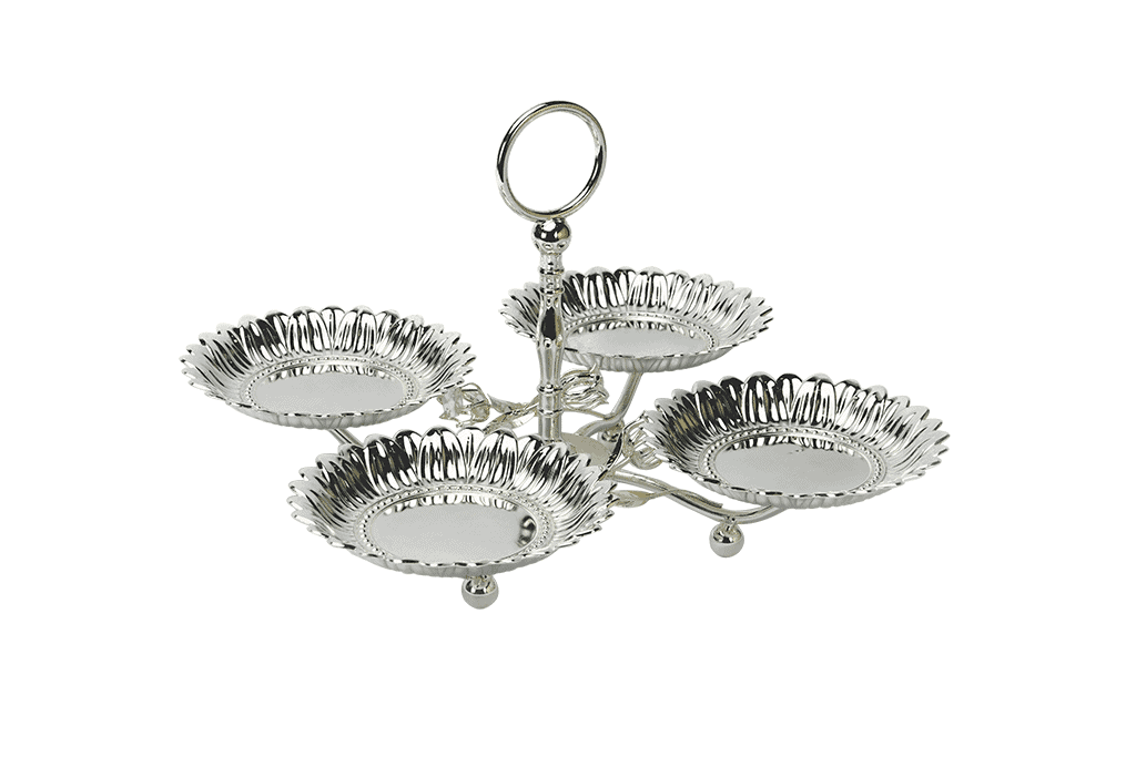 a silver plated stand/centerpiece with four sunflower shaped platters