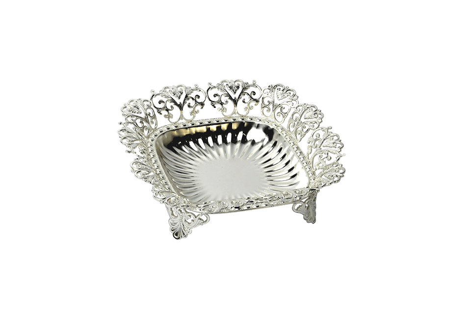 A Square Shaped Silver Plated Bowl With fluted interior, Intricate Wire Motif Borders On All Sides & designer Legs