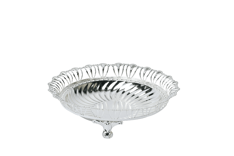 A Round Shaped Silver Plated Bowl With Beautiful Wire Motif On Border, Designer Legs & fluted Facade
