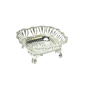 A Beautiful Square Shaped Silver Plated Bowl With Wire Motif Pattern On Its Four Borders, Designer Legs & A Fluted Interior