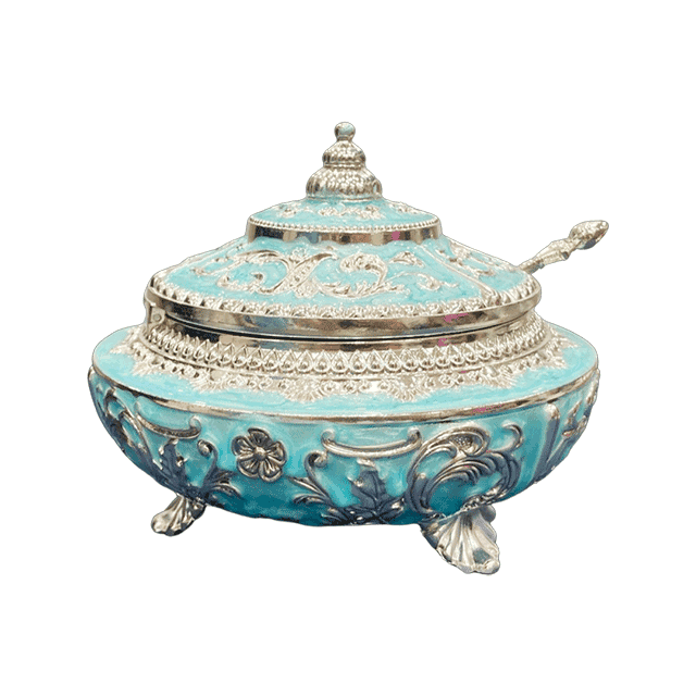 An Enameled Blue Colored Silver Plated Sugar Pot With Designer Elements & a Spoon