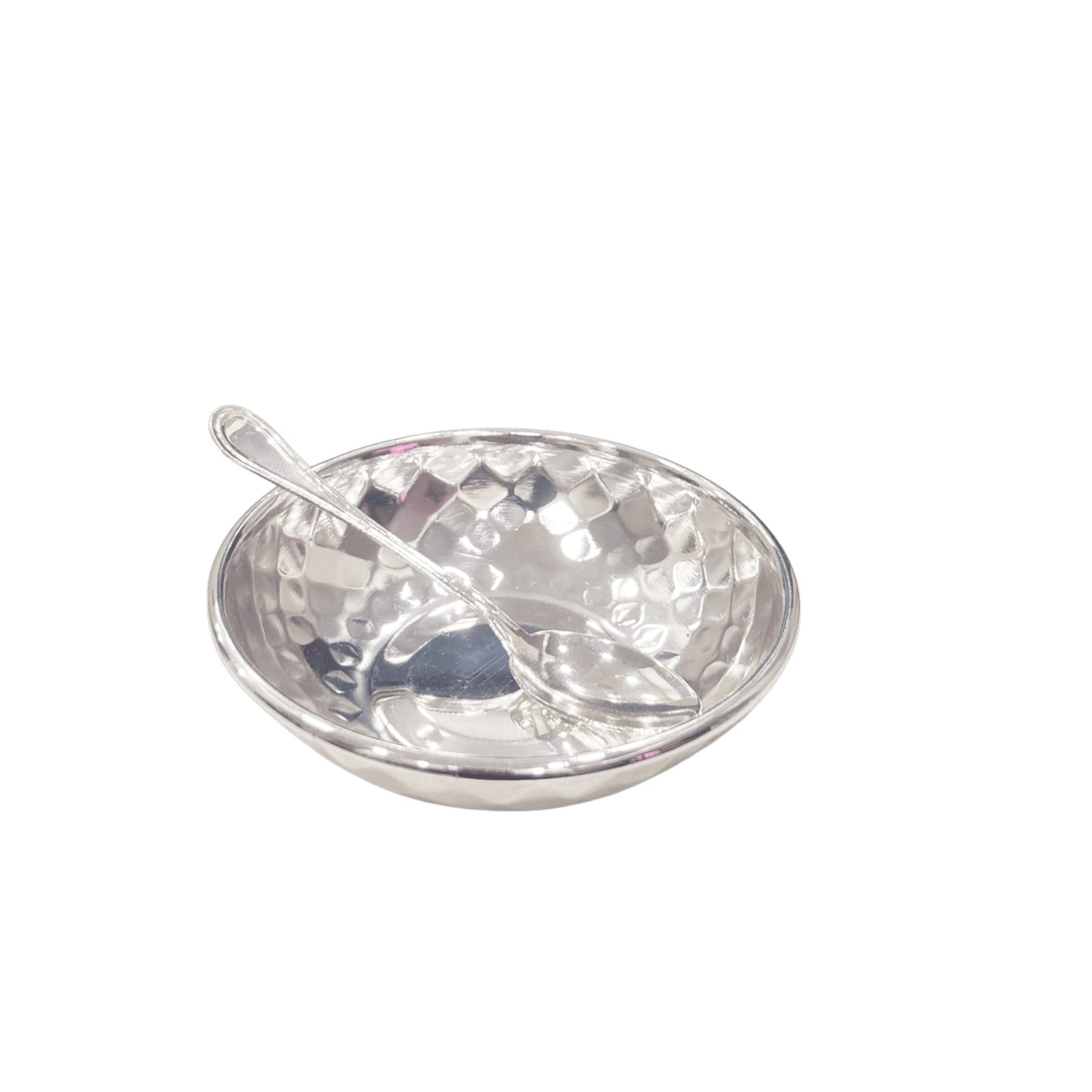A Distinctive Silver Plated Bowl With Hammered Design & Spoon