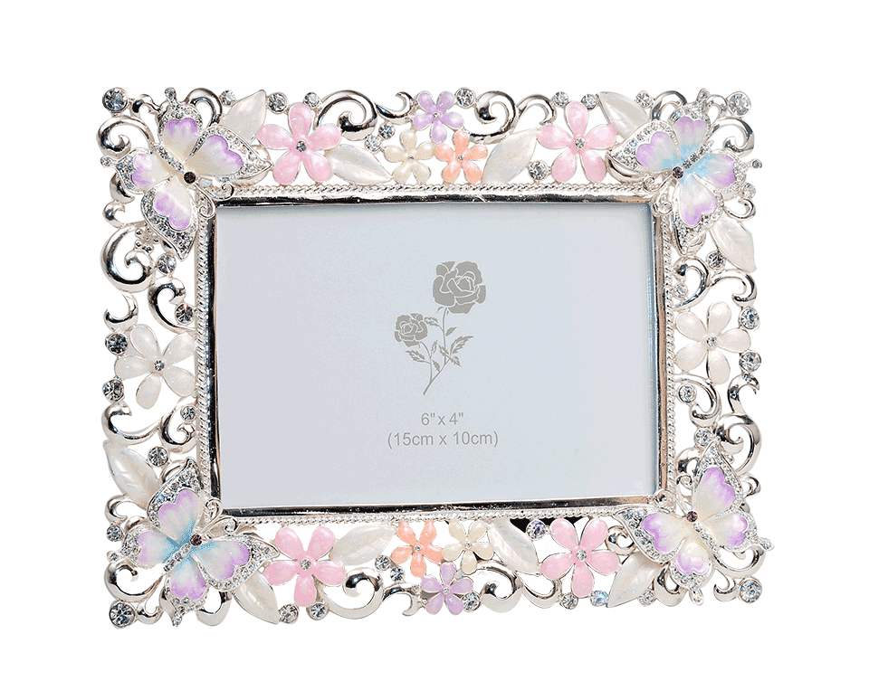 a multi-colored photo frame with enameled flowers, leaves & butterflies on its borders having photograph requirements of 15 into 10 centimeter