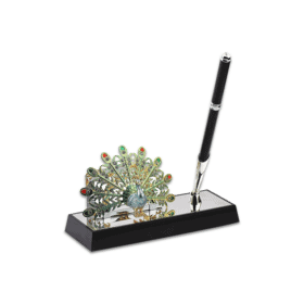A silver plated pen stand with a pen & a detailed structure of a multicolor peacock on its base