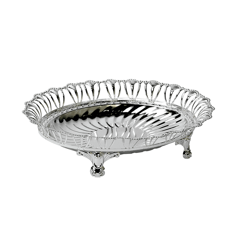A round silver plated bowl with a fluted interior and a beautiful wire motif on its rim along with designer legs