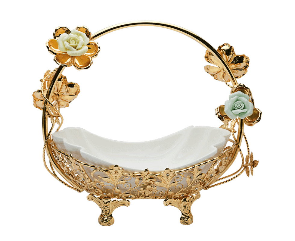 A Golden Basket With Elegant Flowers On Its Handle & designer legs with a smooth white ceramic bowl