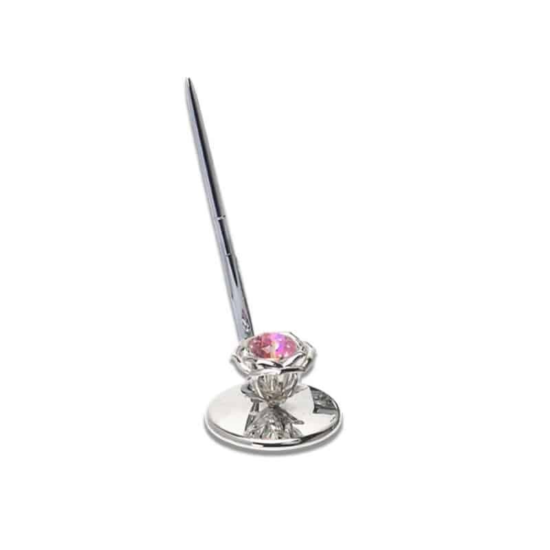 A Pen & Silver Plated Pen Stand Studded With Beautiful Pink Crystal