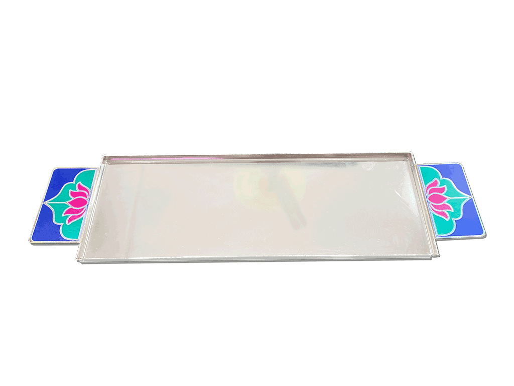 A Silver Plated Rectangular Tray With Enameled Lotus Flower Handles In Pink, Turquoise & Blue Color