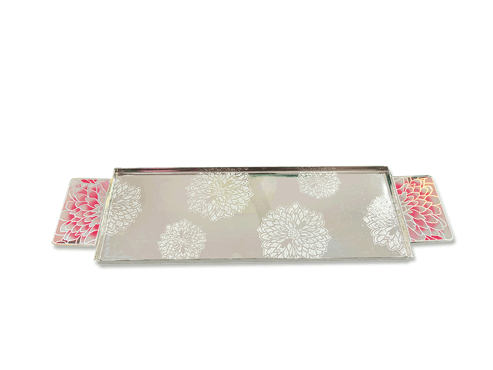 A Rectangular Silver Tray With Enameled Lotus Handle in Pink Color