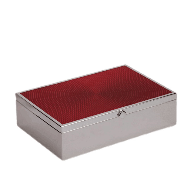 A Silver Box With Ripple Design In Red Color On Top
