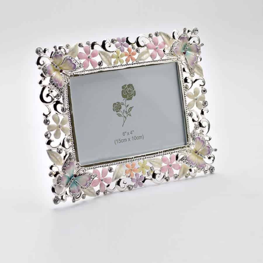 Multicolor Enamel Photo Frame decorated with crystals, flower border & enameled butterflies on its four corners