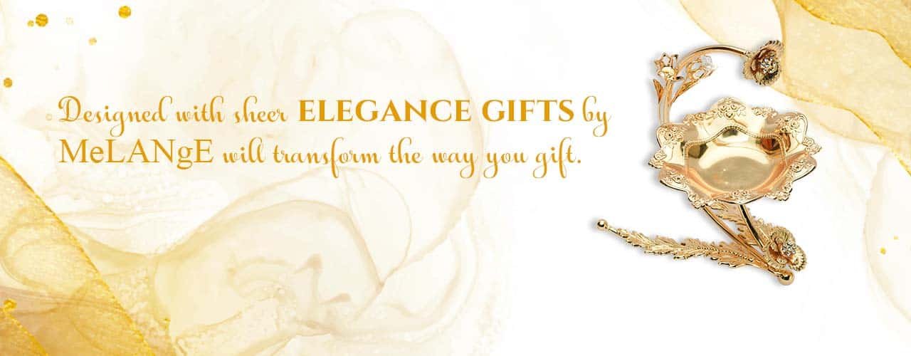 a sentence with a picture of tulip shaped golden platter saying - Designed with sheer elegance gifts by melange will transform the way you gift.