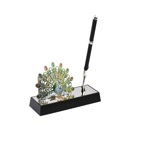 Peacock pen stand with a pen in display