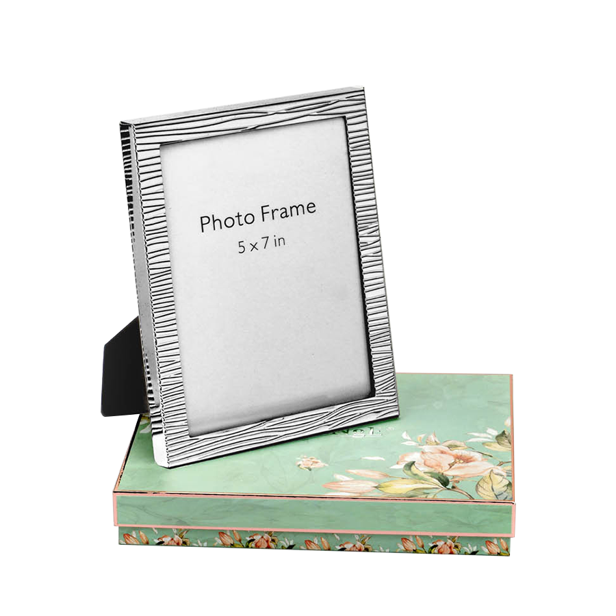 Fluted Border Silver Photo Frame kept on aqua colored gift box