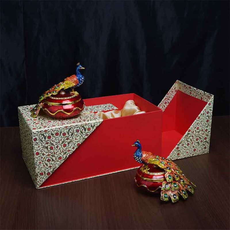 Peacock Trinket Box on a royal looking printed white and red box.