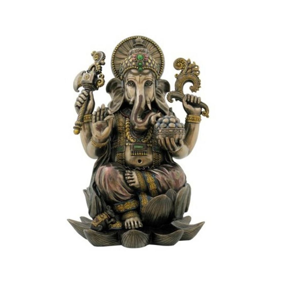 Lord Ganesh sitting Figurine on a lotus in bronze finish.