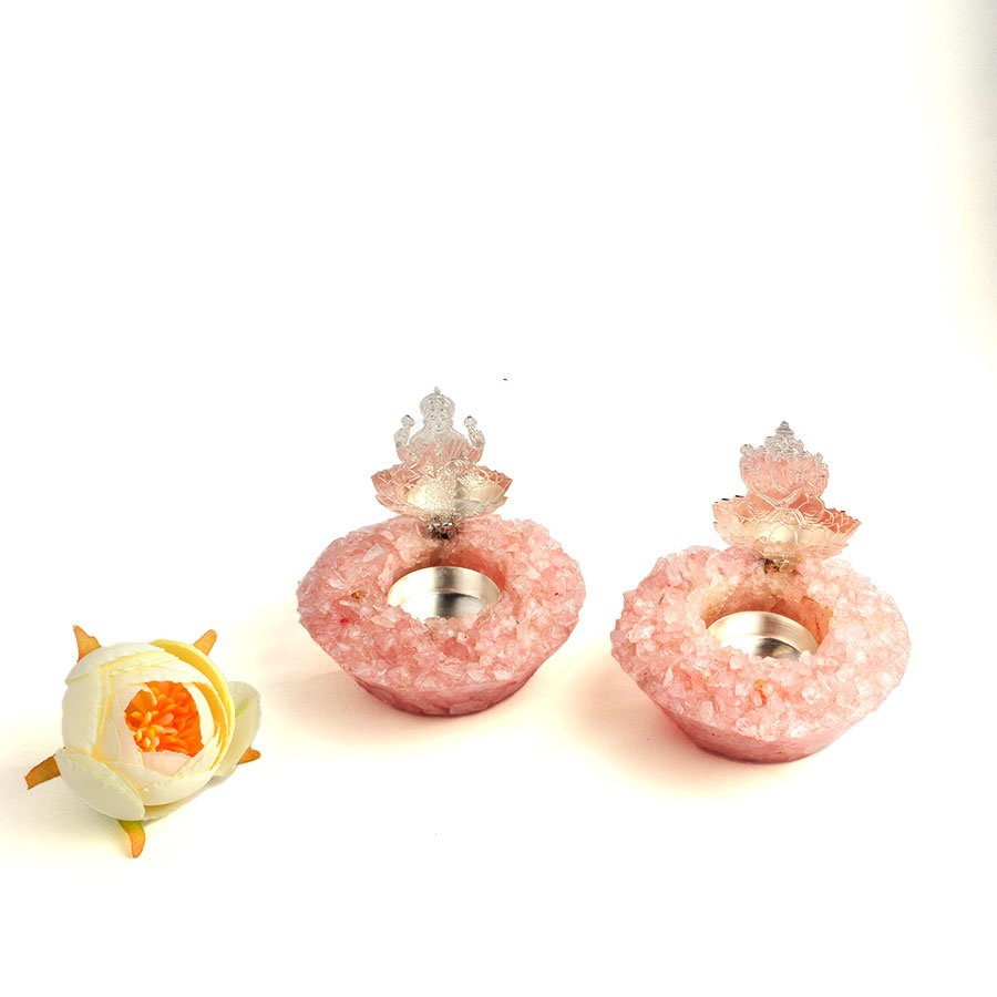 Lakshmi Ganesha Tealight holder carved with Rose quartz crystals