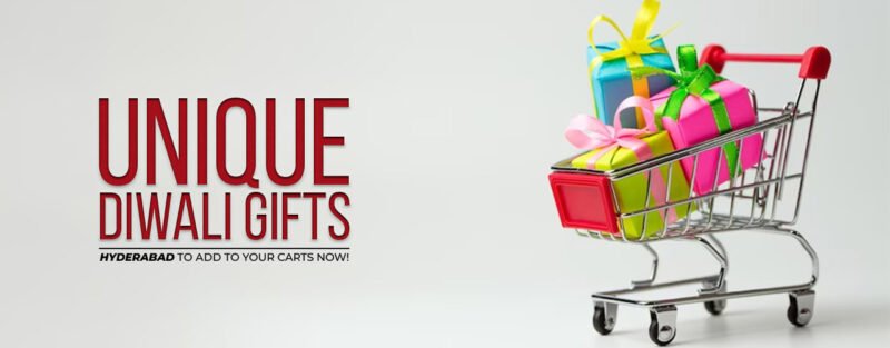 A shopping cart full of beautifully wrapped gifts on the right and text on the left that says, " Unique Diwali Gifts Hyderabad to add to your carts now!"