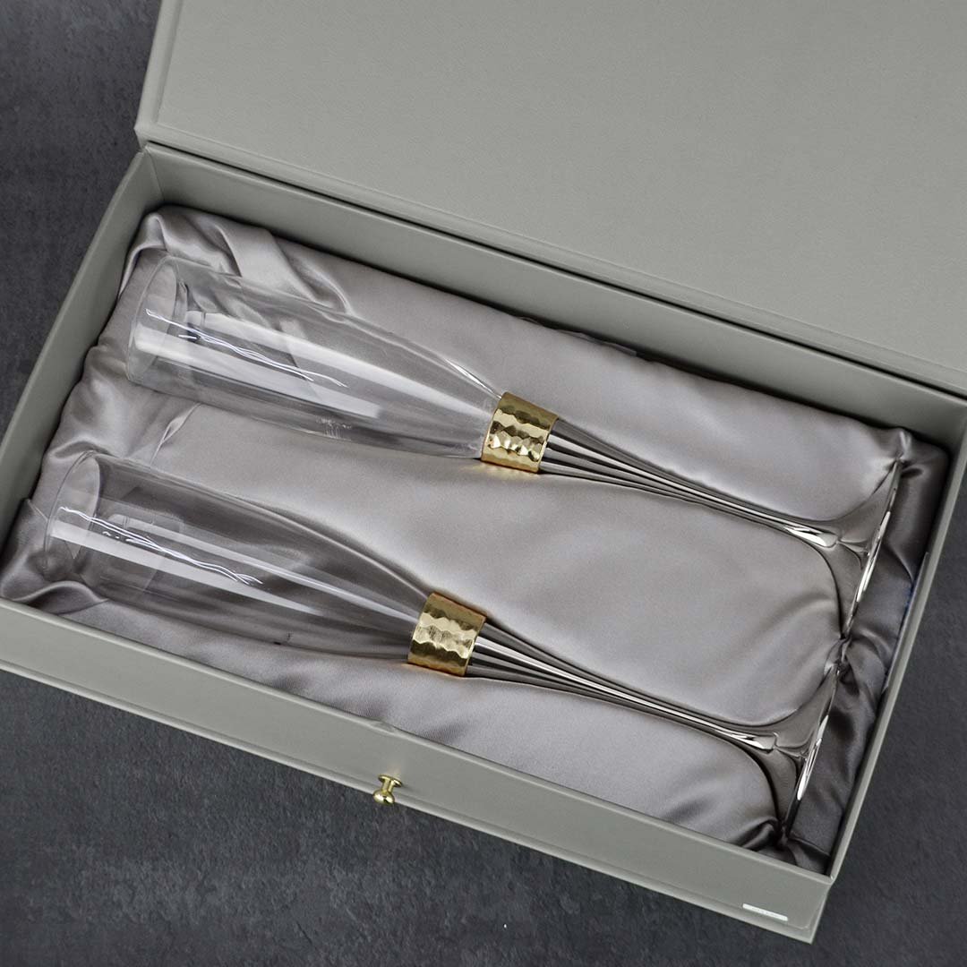 Golden and silver stem champagne flute glasses (set of 2) in box