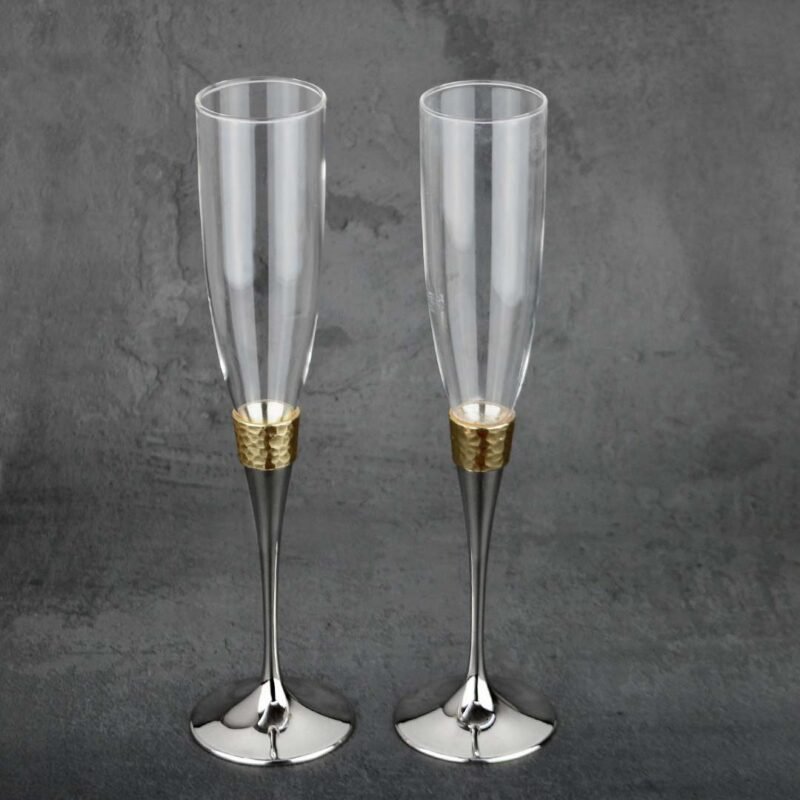 Golden and silver stem champagne flute glasses (set of 2)