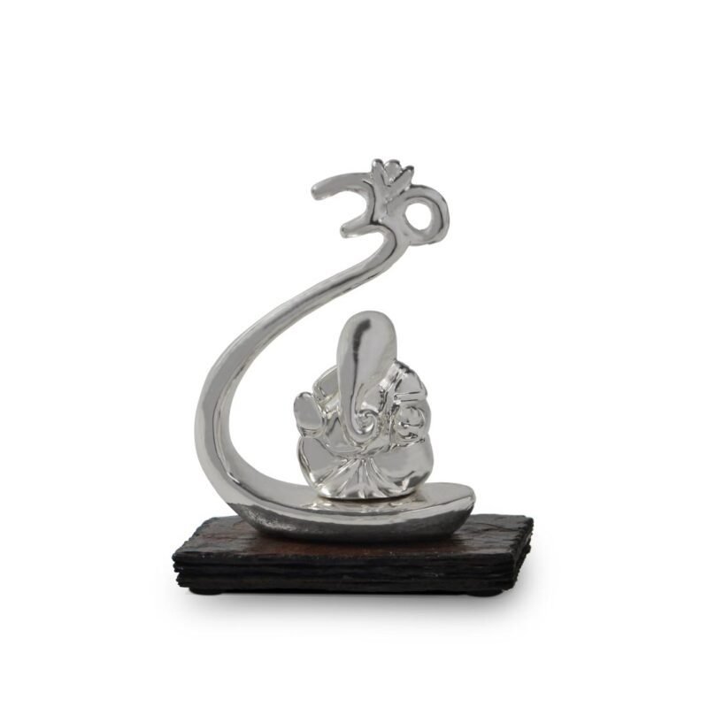 Lord Ganesha Om Silver Statue on Wooden Base