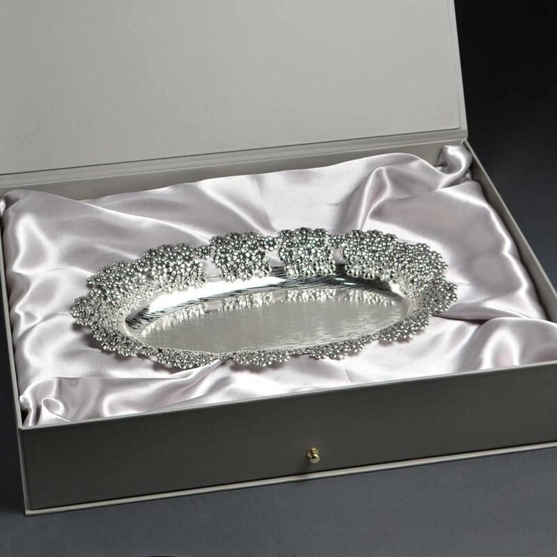 Flower design Cutwork Oval Silver Tray in box