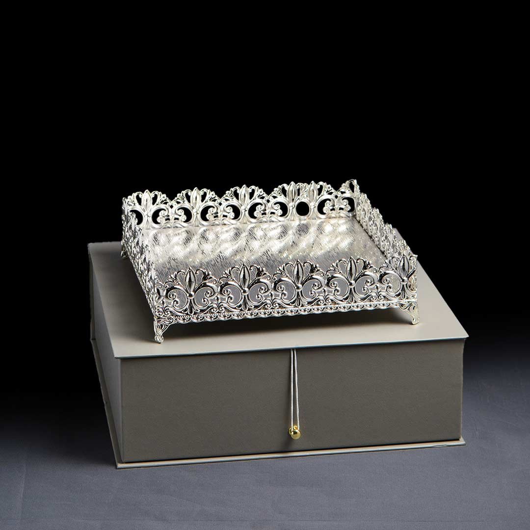 Baroque Cutwork Design Square Silver Tray