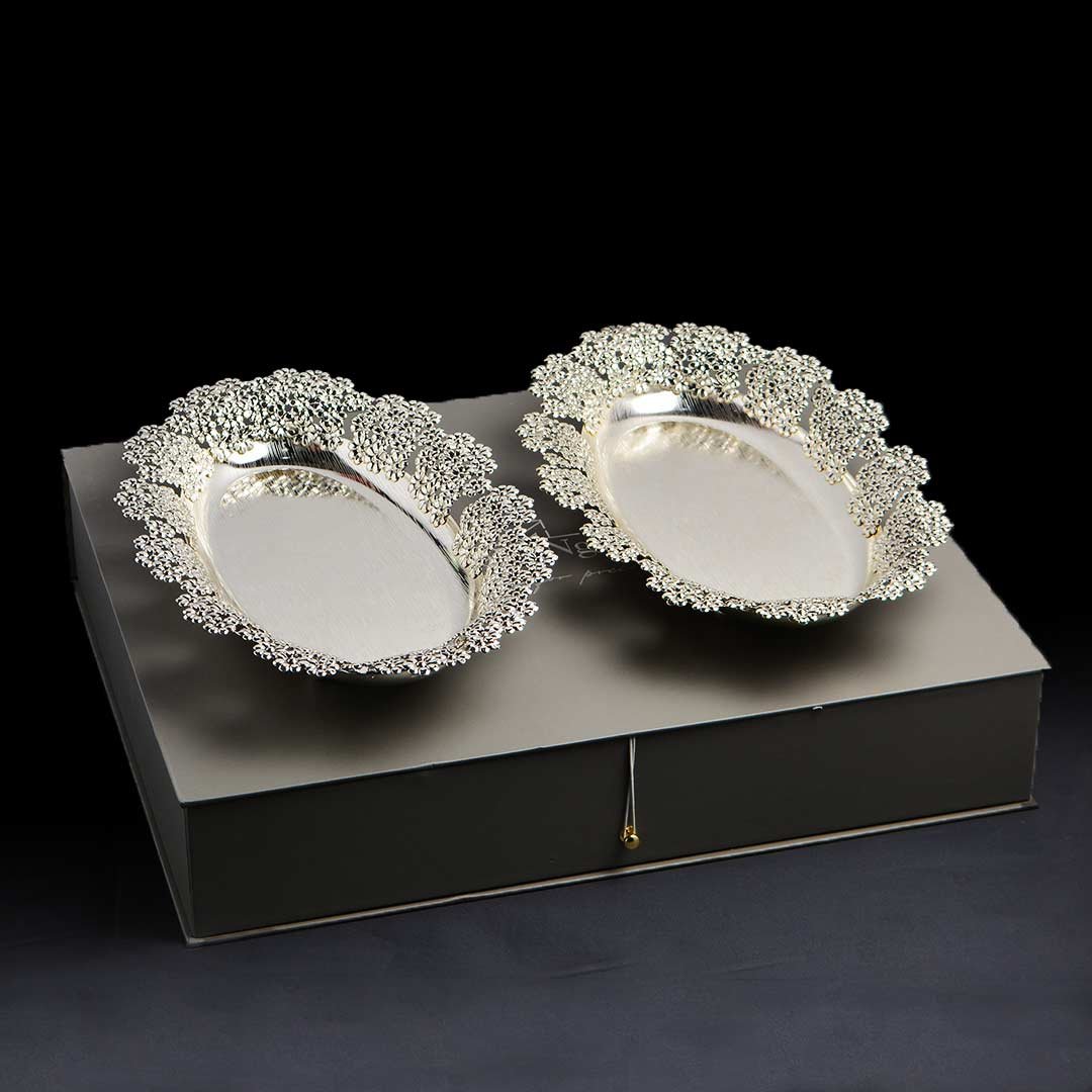 Two Cutwork Design Oval Silver Trays on Box