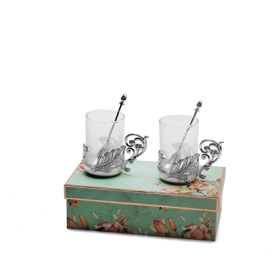 Peacock Feather Silver Glass Mugs with Spoons (Set of 2) on box
