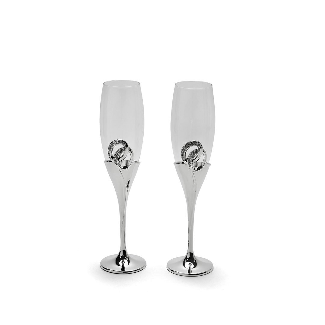Interlooped Rings Silver Plated Champagne Flute Glasses (Set of 2)