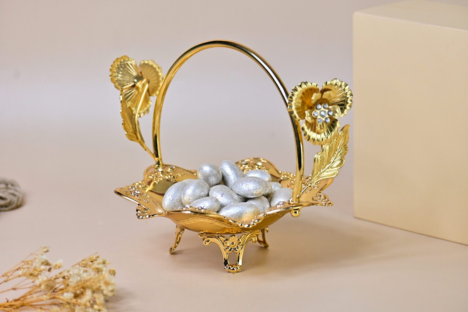 Flower Golden Basket with Silver Almonds