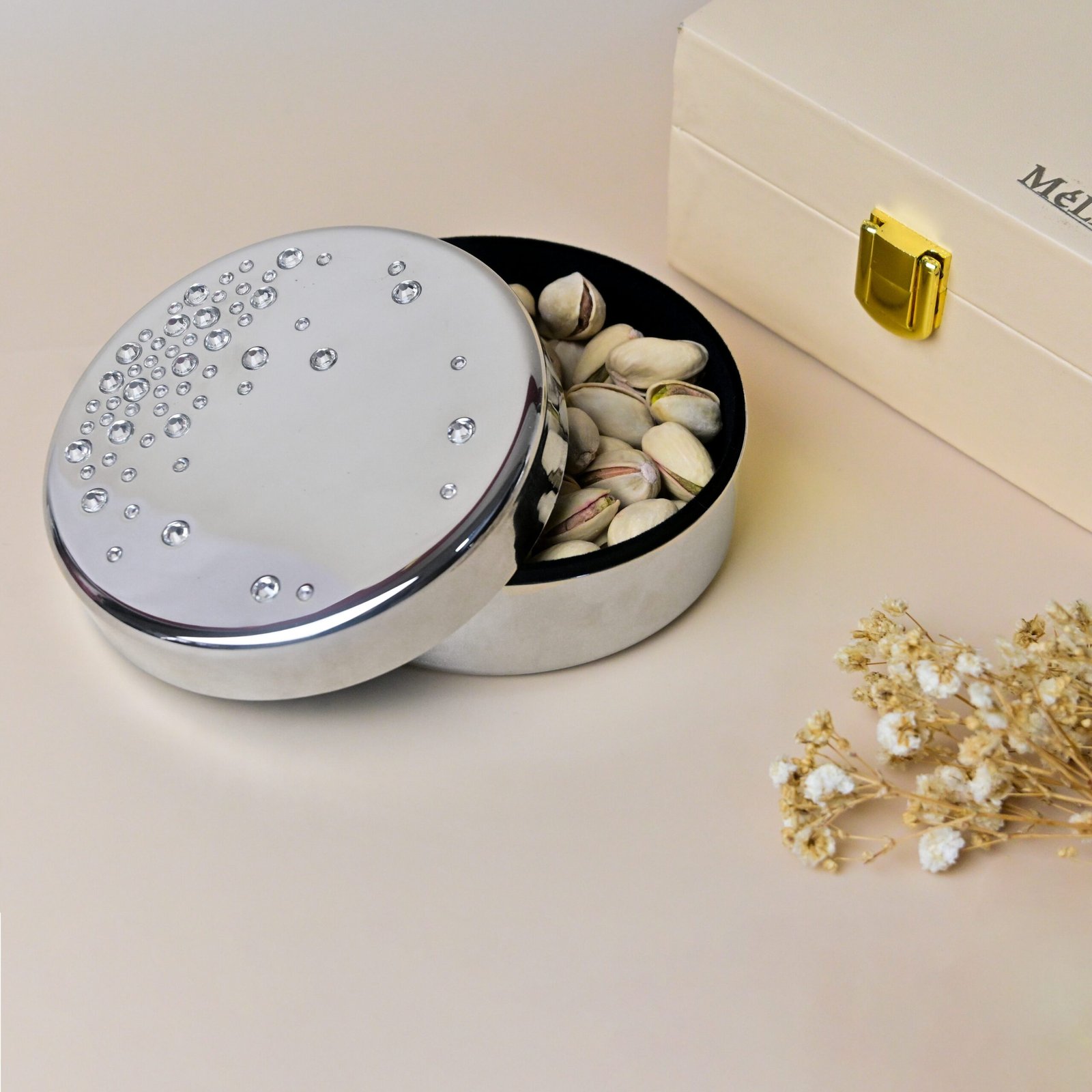 Crystal Studded Round Silver Box