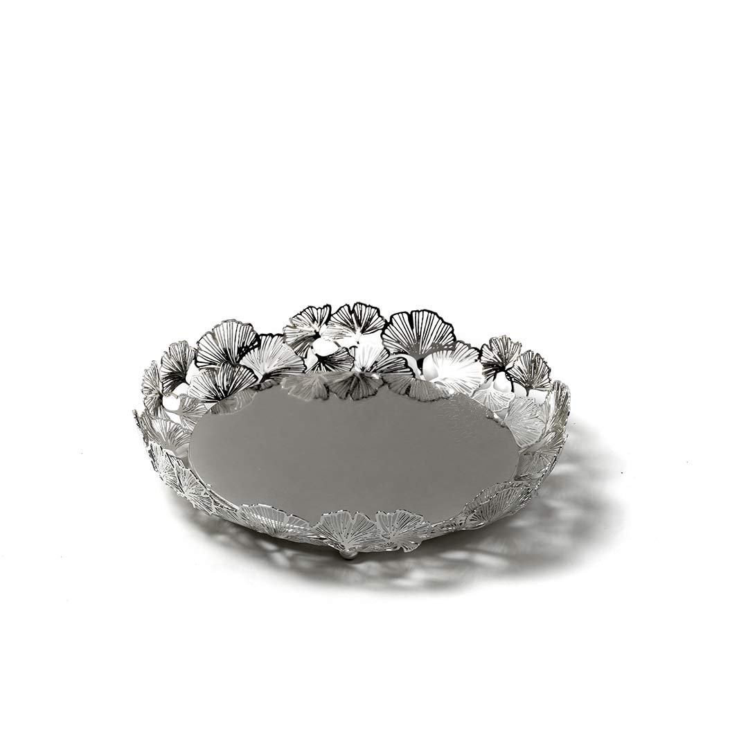 Gingko Leaves Cutwork Round Silver Tray